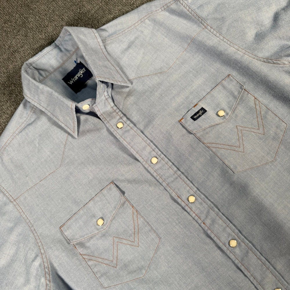 Vintage Wrangler Men Short Sleeve Western Pearl Snap Shirt Chambray XL #4391